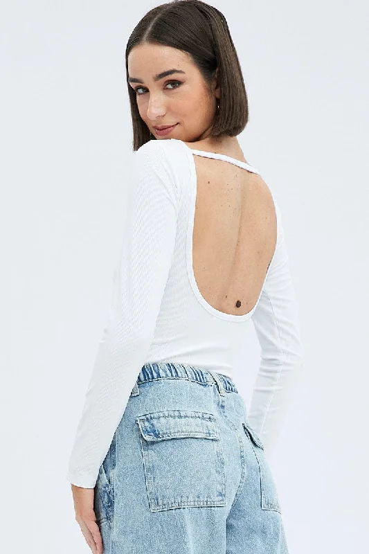 White Bodysuit Long Sleeve Crew Neck Rib