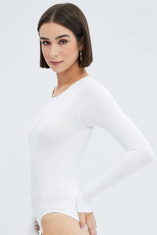 White Bodysuit Long Sleeve Crew Neck Seamless