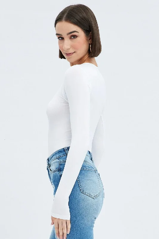 White Bodysuit Long Sleeve Crew Neck Seamless