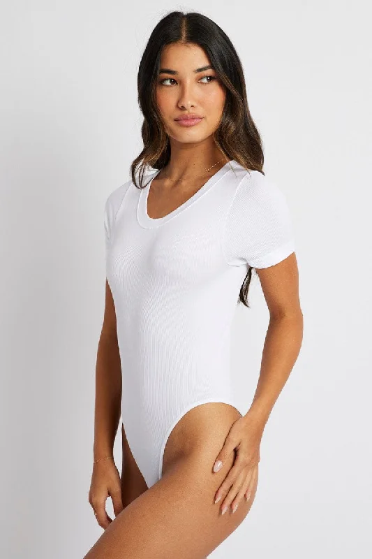 White Bodysuit Short Sleeve Crew Neck Seamless