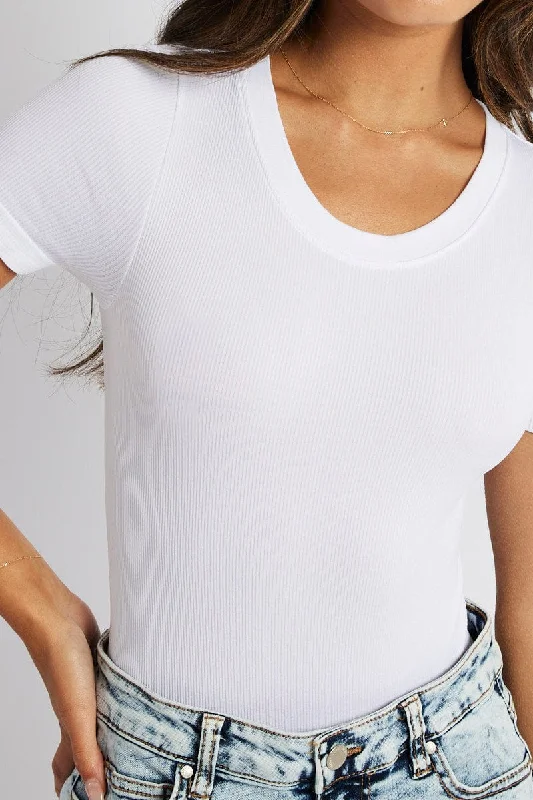 White Bodysuit Short Sleeve Crew Neck Seamless