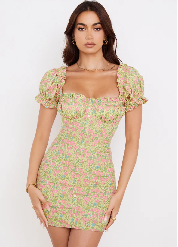 Bohemian Sweet Ruffle Lace Up Slash Neck Print Puff Sleeves Frills A-line Floral Mini Dress Trendy Mini Dress with Belt Bohemian Sweet Ruffle Lace Up Slash Neck Print Puff Sleeves Frills A-line Floral Mini Dress Trendy Mini Dress with Belt