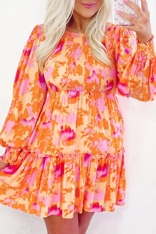 Orange Abstract Print Smocked Lantern Sleeve Ruffle Mini Dress Casual High-Waist Mini Dress Orange Abstract Print Smocked Lantern Sleeve Ruffle Mini Dress Casual High-Waist Mini Dress