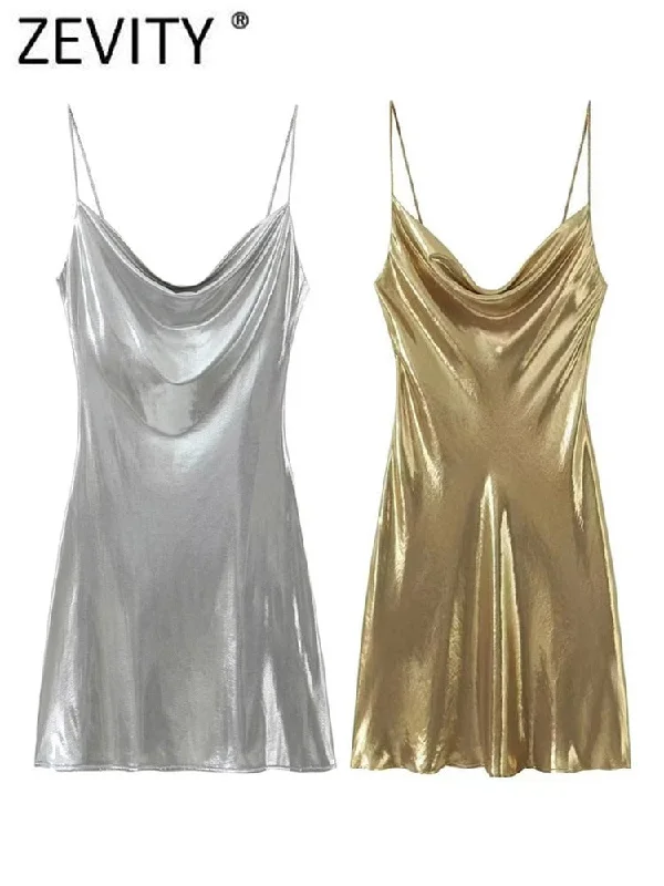 Shinning Metallic Color Sling Mini Dress Trendy Floral Mini Dress